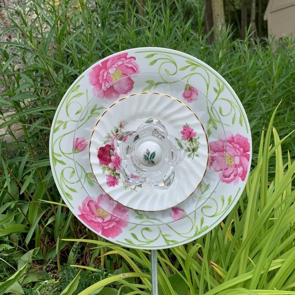 Beautiful Handmade Pink Rose Glass Plate Flower for Your Garden or Flowerbed